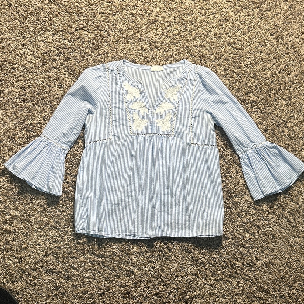 GAP Light Blue and White Striped bell sleeves embroidered Top Size S